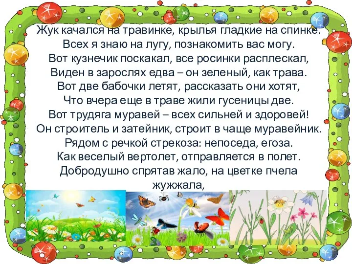 Жук качался на травинке, крылья гладкие на спинке. Всех я знаю