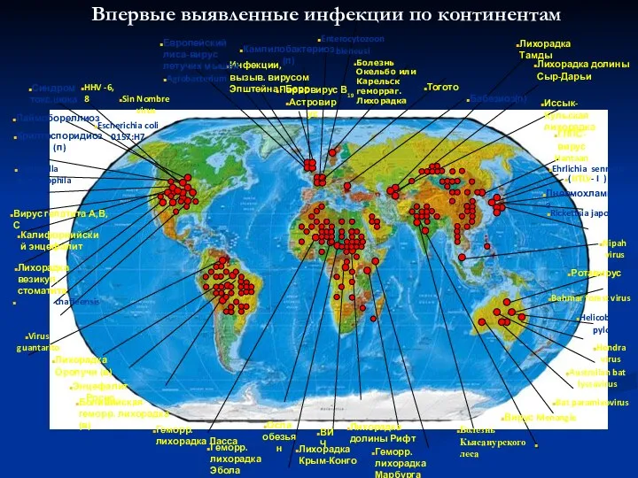 Впервые выявленные инфекции по континентам Лихорадка Тамды Ротавирус Лихорадка долины Сыр-Дарьи