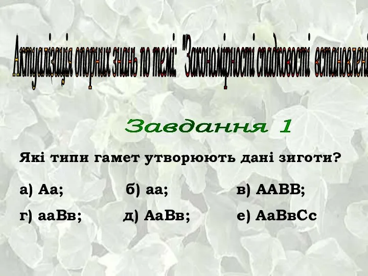 Актуалізація опорних знань по темі: "Закономірності спадковості встановлені Г.Менделем" Завдання 1