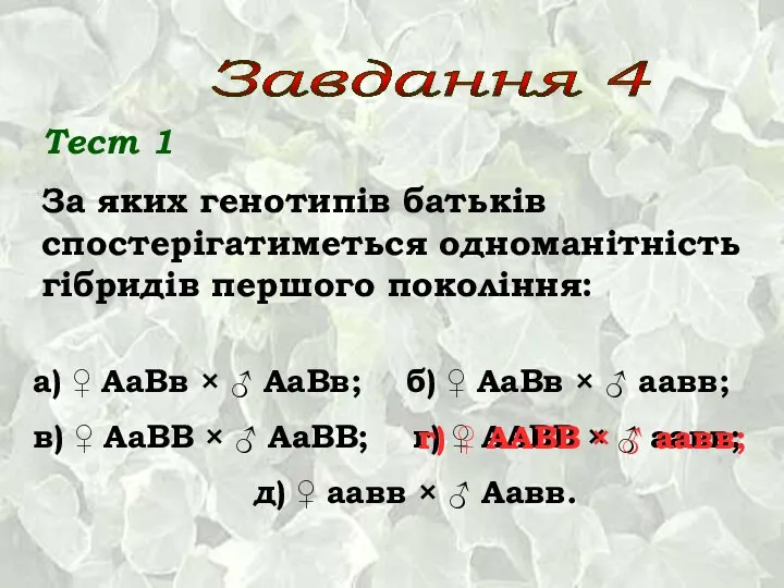 Тест 1 За яких генотипів батьків спостерігатиметься одноманітність гібридів першого покоління: