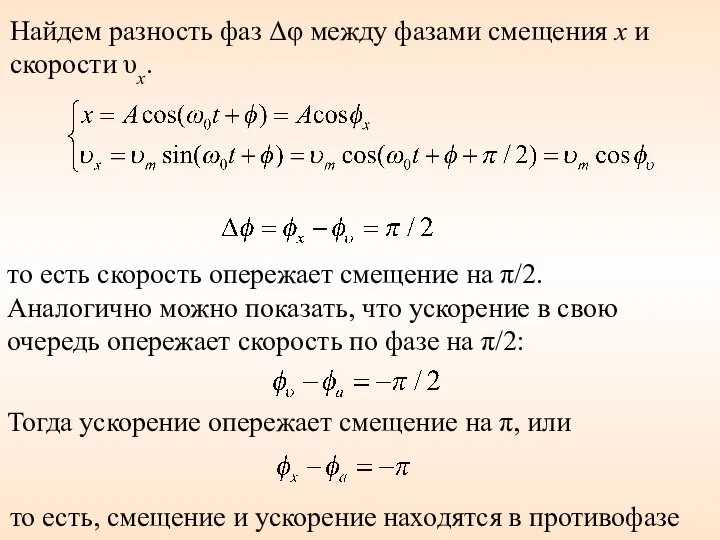 Найдем разность фаз Δφ между фазами смещения х и скорости υx.