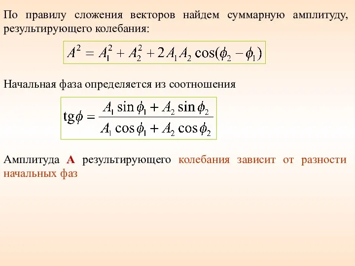 По правилу сложения векторов найдем суммарную амплитуду, результирующего колебания: Начальная фаза