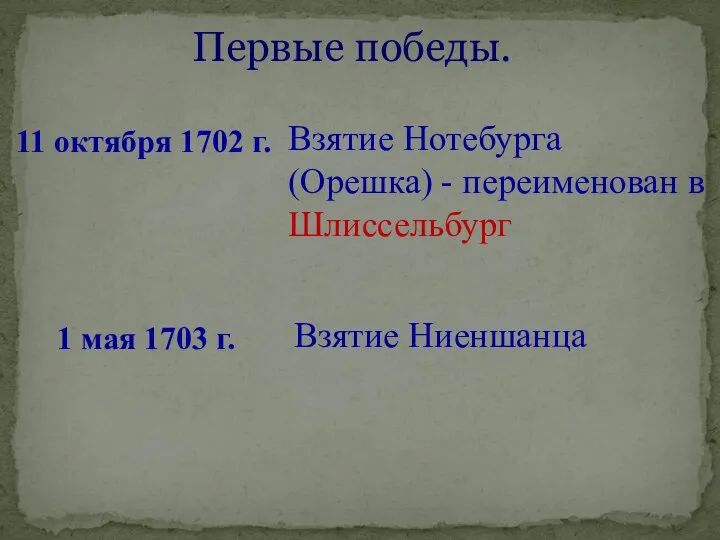 Первые победы. 11 октября 1702 г. Взятие Нотебурга (Орешка) - переименован