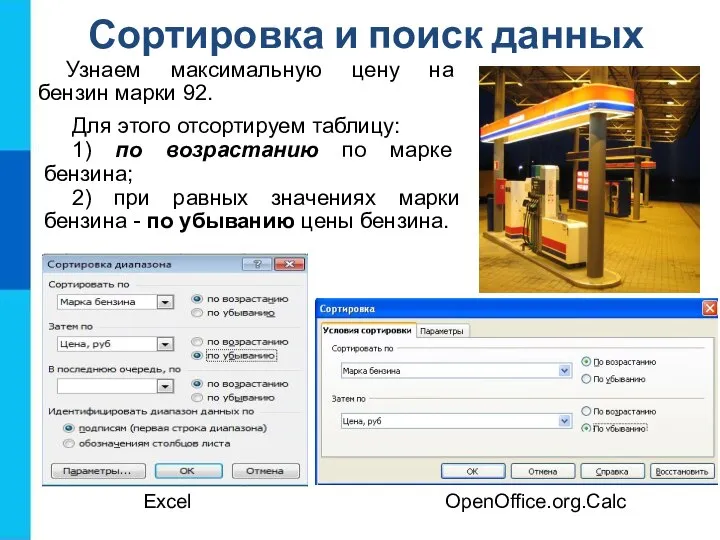 Сортировка и поиск данных Узнаем максимальную цену на бензин марки 92.