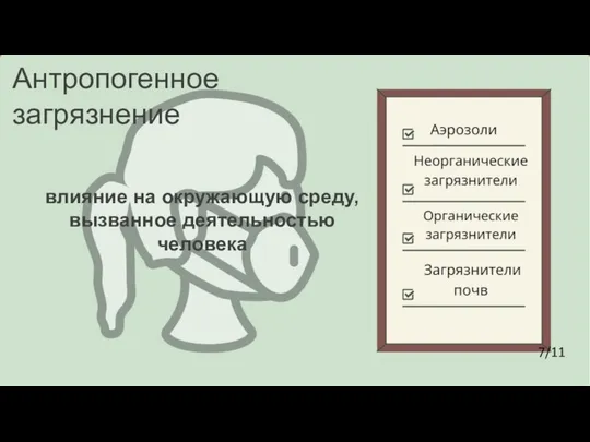 влияние на окружающую среду, вызванное деятельностью человека Антропогенное загрязнение 7/11