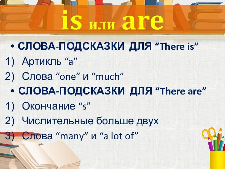 СЛОВА-ПОДСКАЗКИ ДЛЯ “There is” Артикль “a” Слова “one” и “much” СЛОВА-ПОДСКАЗКИ