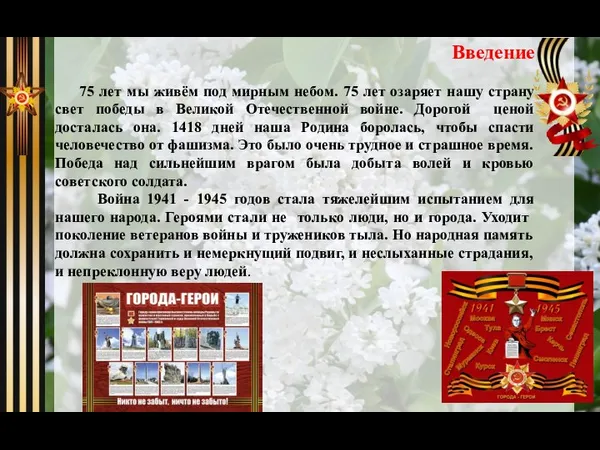 Введение 75 лет мы живём под мирным небом. 75 лет озаряет