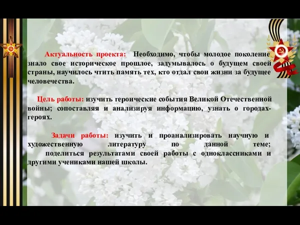 Актуальность проекта: Необходимо, чтобы молодое поколение знало свое историческое прошлое, задумывалось