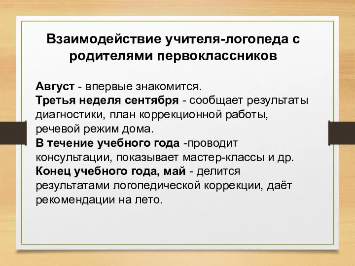 Взаимодействие учителя-логопеда с родителями первоклассников Август - впервые знакомится. Третья неделя