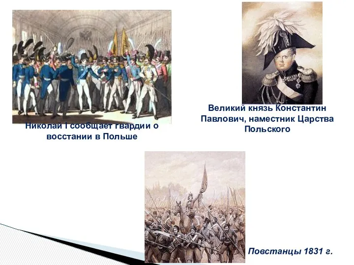 Николай I сообщает гвардии о восстании в Польше Повстанцы 1831 г.