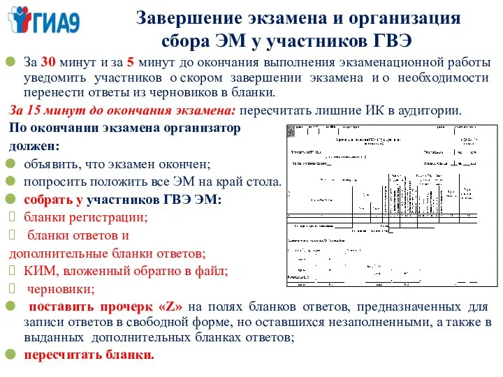 Завершение экзамена и организация сбора ЭМ у участников ГВЭ За 30