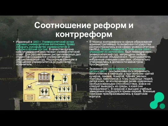 Соотношение реформ и контрреформ Изданный в 1863 г. Университетский устав даровал