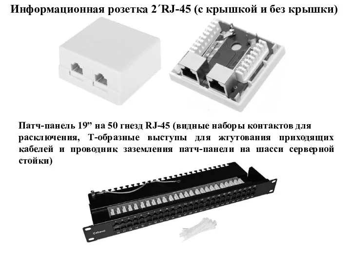 Информационная розетка 2´RJ-45 (с крышкой и без крышки) Патч-панель 19” на