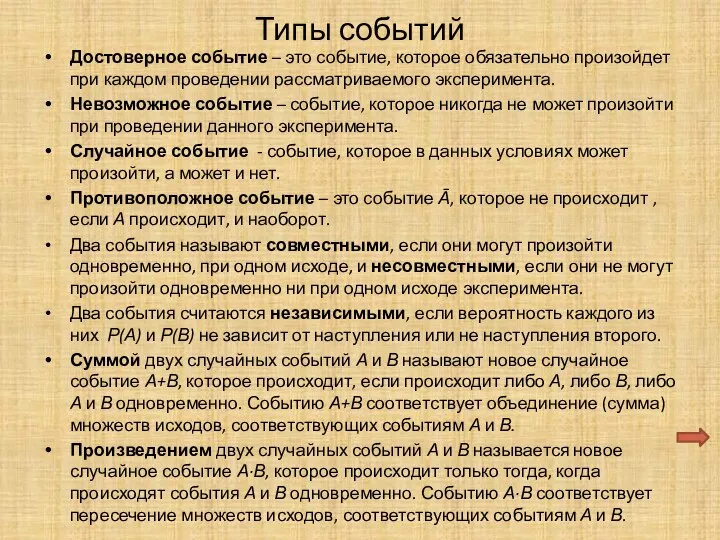 Типы событий Достоверное событие – это событие, которое обязательно произойдет при