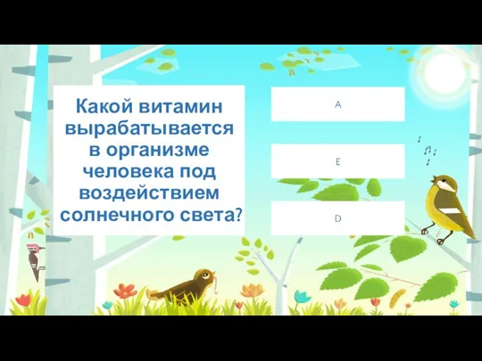 Какой витамин вырабатывается в организме человека под воздействием солнечного света? D A E