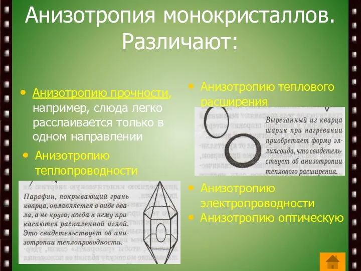 Анизотропия монокристаллов. Различают: Анизотропию прочности, например, слюда легко расслаивается только в