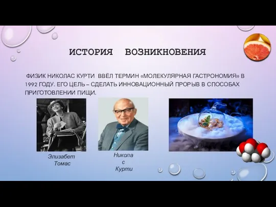 ИСТОРИЯ ВОЗНИКНОВЕНИЯ ФИЗИК НИКОЛАС КУРТИ ВВЁЛ ТЕРМИН «МОЛЕКУЛЯРНАЯ ГАСТРОНОМИЯ» В 1992