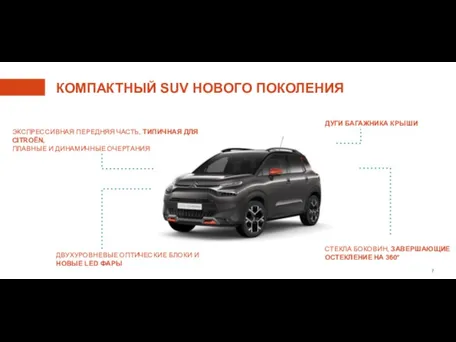 КОМПАКТНЫЙ SUV НОВОГО ПОКОЛЕНИЯ ЭКСПРЕССИВНАЯ ПЕРЕДНЯЯ ЧАСТЬ, ТИПИЧНАЯ ДЛЯ CITROËN, ПЛАВНЫЕ