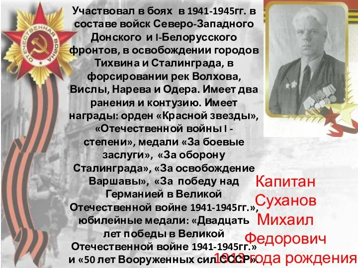 Капитан Суханов Михаил Федорович 1913 года рождения Участвовал в боях в