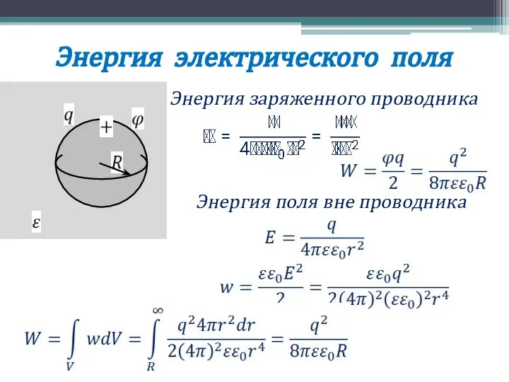 Энергия электрического поля Энергия заряженного проводника Энергия поля вне проводника