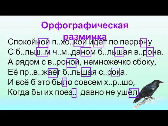 Орфографическая разминка Спокойной п..хо..кой идёт по перрону С б..льш..м ч..м..даном б..льшая