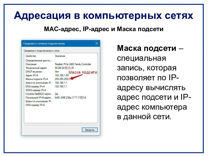 Адресация в компьютерных сетях MAC-адрес, IP-адрес и Маска подсети Маска подсети