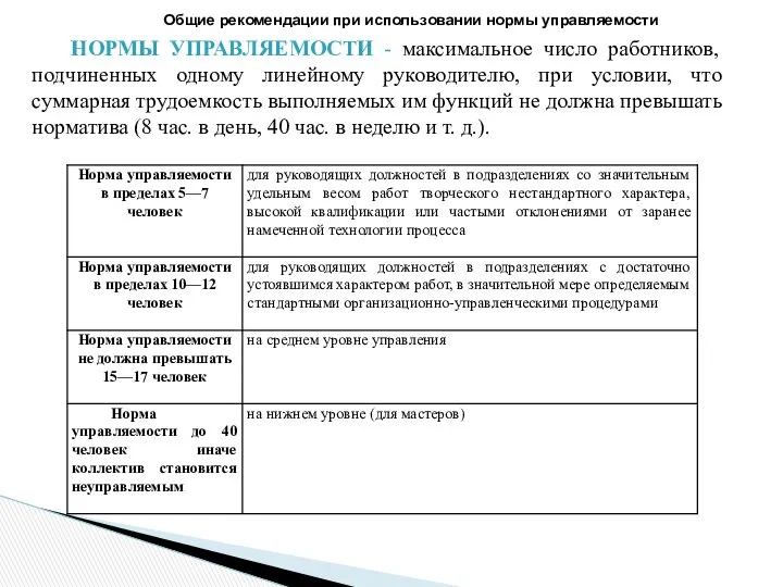 НОРМЫ УПРАВЛЯЕМОСТИ - максимальное число работников, подчиненных одному линейному руководителю, при