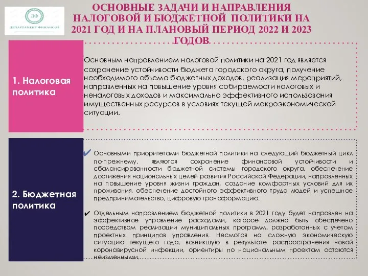 ОСНОВНЫЕ ЗАДАЧИ И НАПРАВЛЕНИЯ НАЛОГОВОЙ И БЮДЖЕТНОЙ ПОЛИТИКИ НА 2021 ГОД