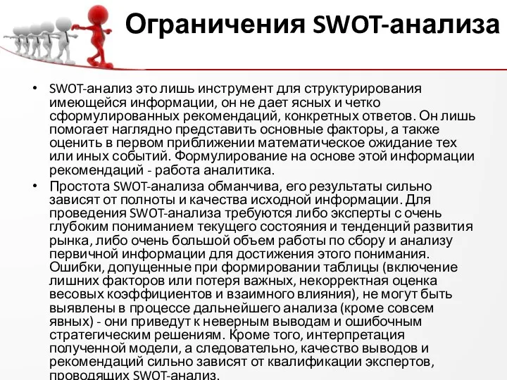 Ограничения SWOT-анализа SWOT-анализ это лишь инструмент для структурирования имеющейся информации, он