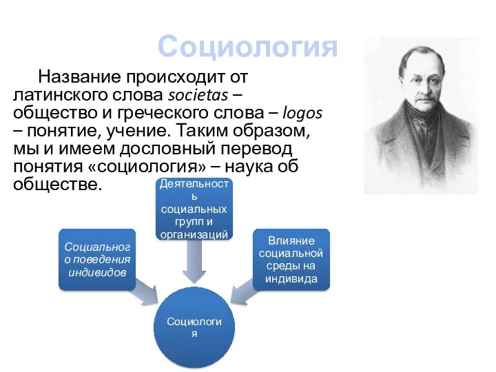 Социология Название происходит от латинского слова societas – общество и греческого