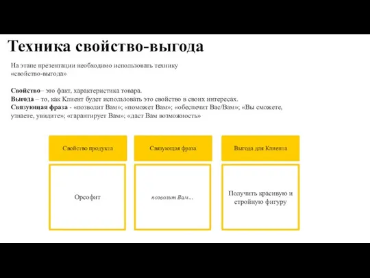 Техника свойство-выгода Свойство– это факт, характеристика товара. Выгода – то, как