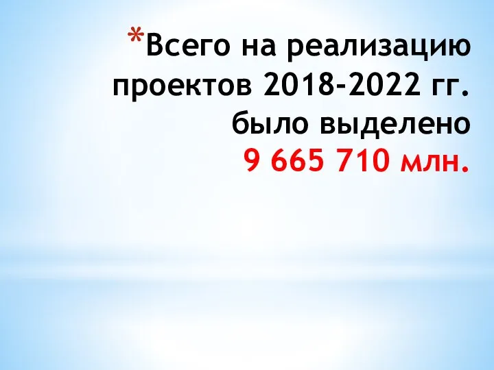 Всего на реализацию проектов 2018-2022 гг. было выделено 9 665 710 млн.