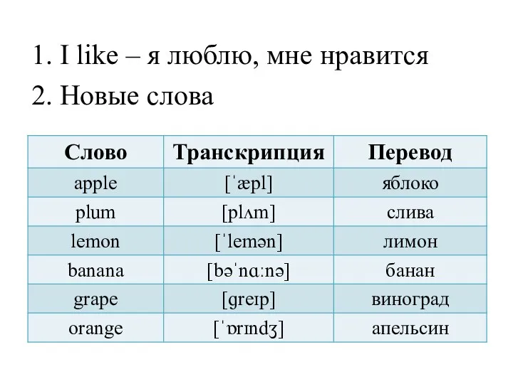 1. I like – я люблю, мне нравится 2. Новые слова