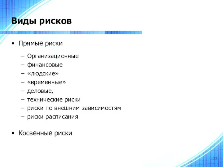 Виды рисков Прямые риски Организационные финансовые «людские» «временные» деловые, технические риски