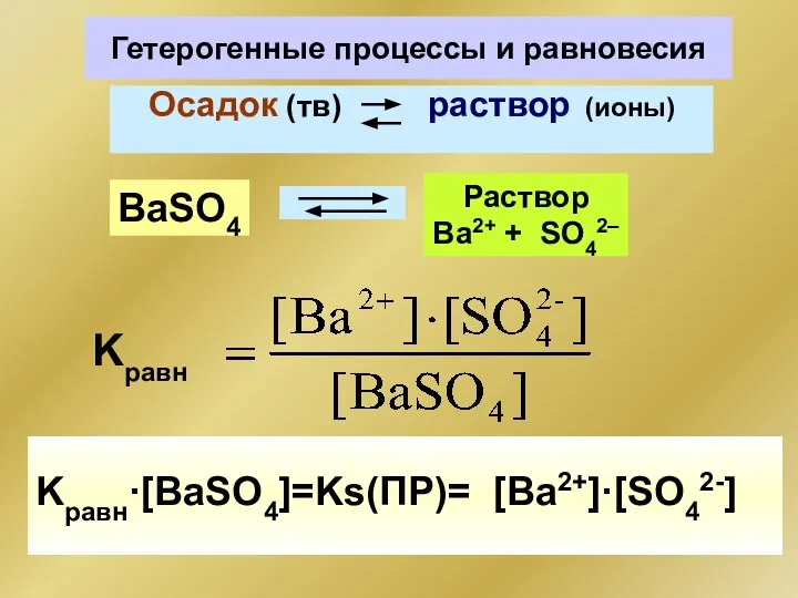 Гетерогенные процессы и равновесия BaSO4 Осадок (тв) раствор (ионы) Kравн Kравн·[BaSO4]=Ks(ПР)= [Ba2+]·[SO42-] Раствор Ba2+ + SO42–