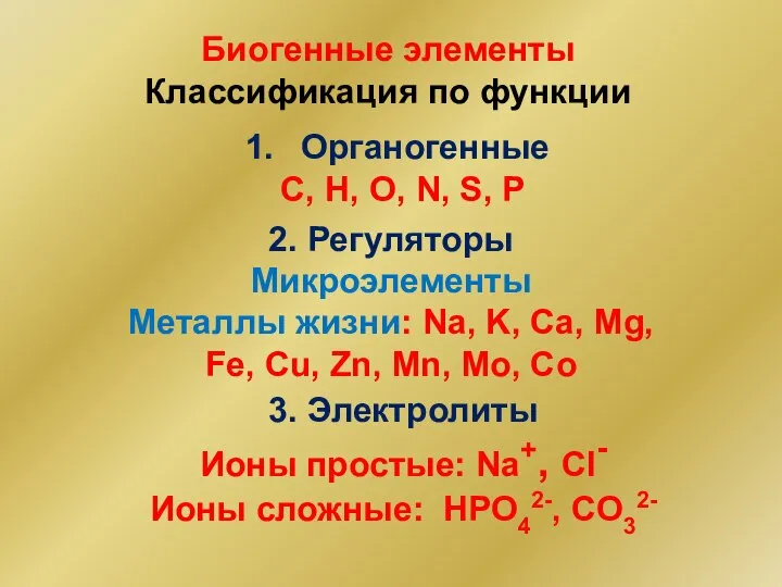 Биогенные элементы Классификация по функции Органогенные С, H, O, N, S,