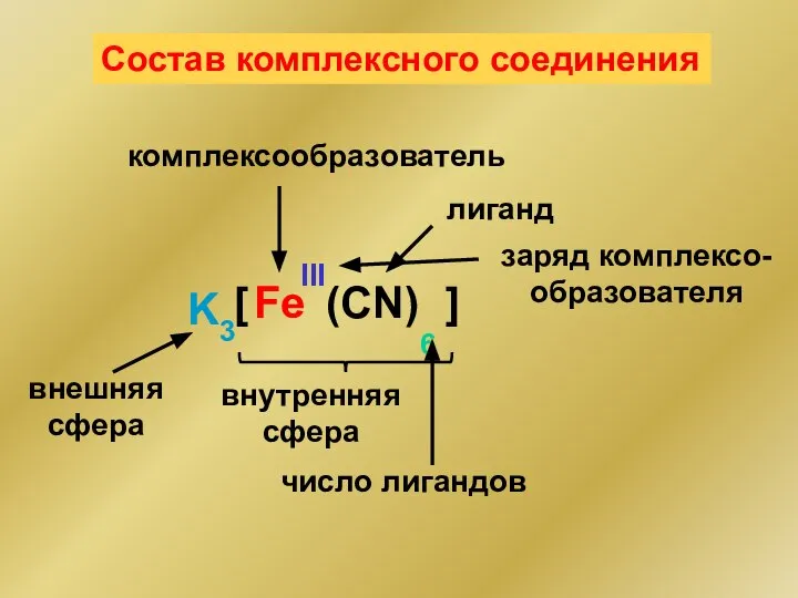 Fe (CN) 6 [ ] III K3 комплексообразователь число лигандов лиганд