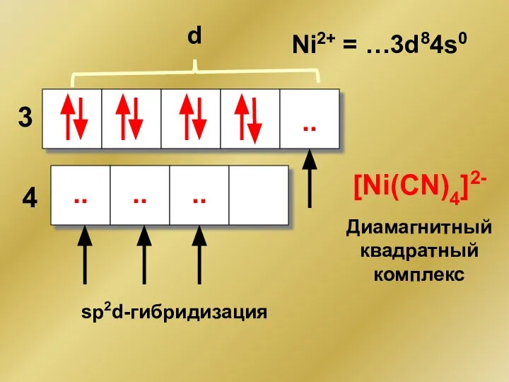 Ni2+ = …3d84s0 d 3 4 .. .. .. .. sp2d-гибридизация [Ni(CN)4]2- Диамагнитный квадратный комплекс