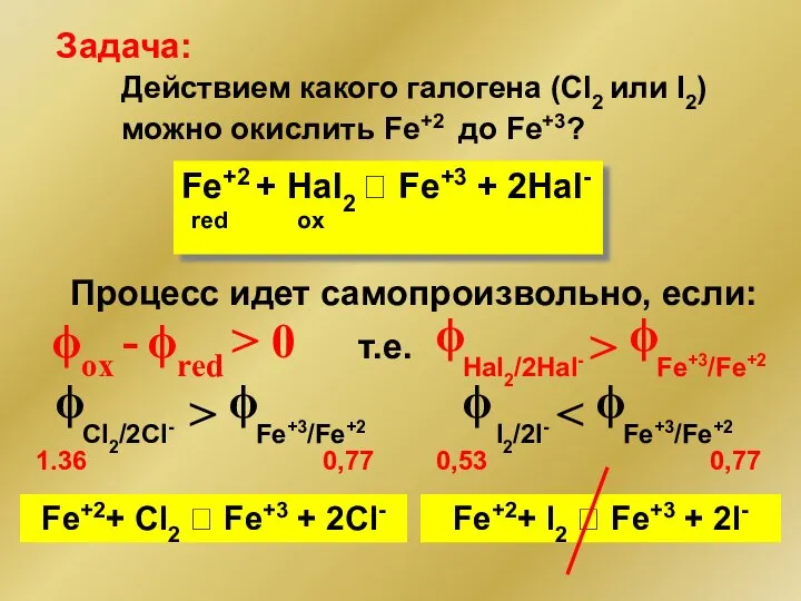 Действием какого галогена (Cl2 или I2) можно окислить Fe+2 до Fe+3?