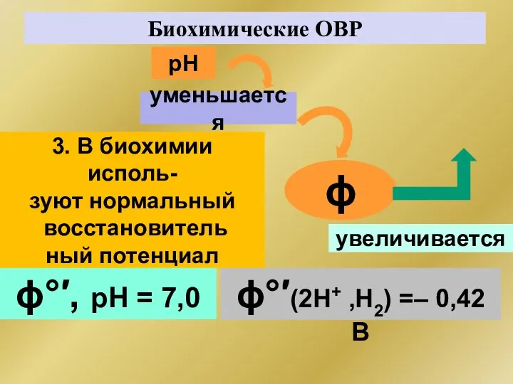 Биохимические ОВР рН уменьшается ϕ увеличивается 3. В биохимии исполь- зуют