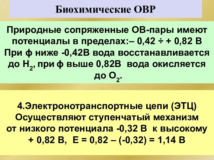 Биохимические ОВР Природные сопряженные ОВ-пары имеют потенциалы в пределах:– 0,42 ÷