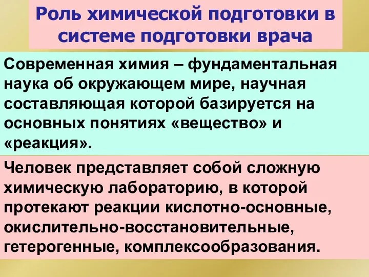 Роль химической подготовки в системе подготовки врача Современная химия – фундаментальная