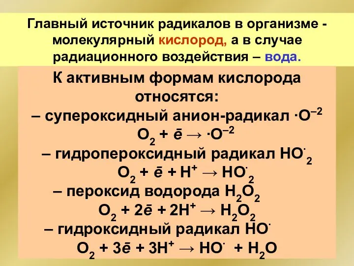 Главный источник радикалов в организме - молекулярный кислород, а в случае