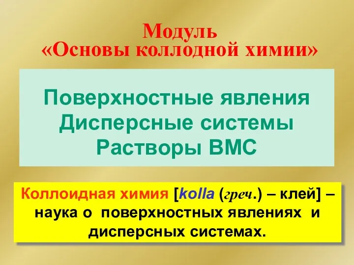 Поверхностные явления Дисперсные системы Растворы ВМС Модуль «Основы коллодной химии» Коллоидная