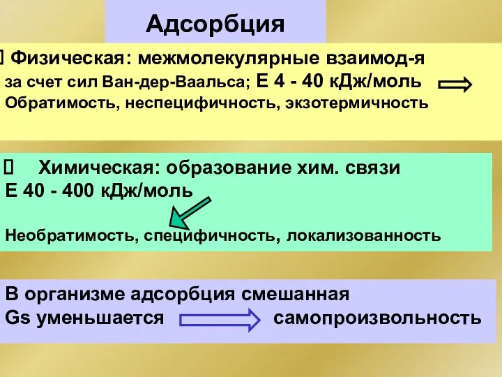 Адсорбция Химическая: образование хим. связи Е 40 - 400 кДж/моль Необратимость,