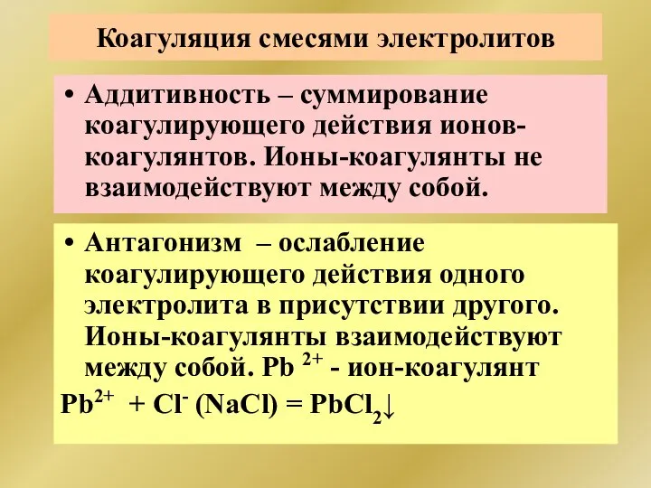 Коагуляция смесями электролитов Аддитивность – суммирование коагулирующего действия ионов-коагулянтов. Ионы-коагулянты не