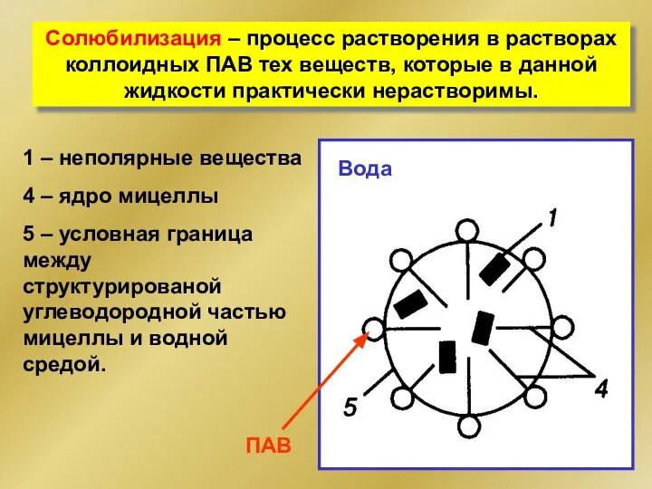 Солюбилизация – процесс растворения в растворах коллоидных ПАВ тех веществ, которые