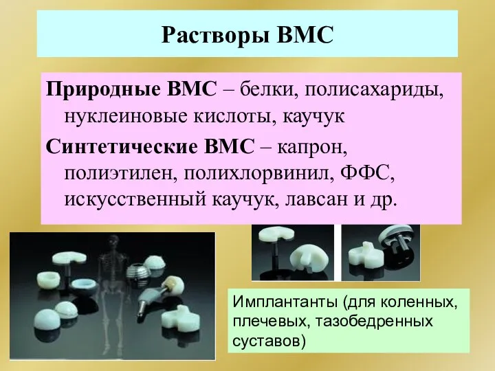 Растворы ВМС Имплантанты (для коленных, плечевых, тазобедренных суставов) Природные ВМС –