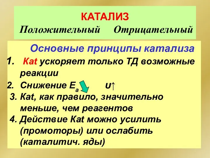 КАТАЛИЗ Положительный Отрицательный Основные принципы катализа Каt ускоряет только ТД возможные