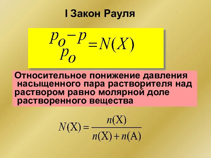 I Закон Рауля Относительное понижение давления насыщенного пара растворителя над раствором равно молярной доле растворенного вещества